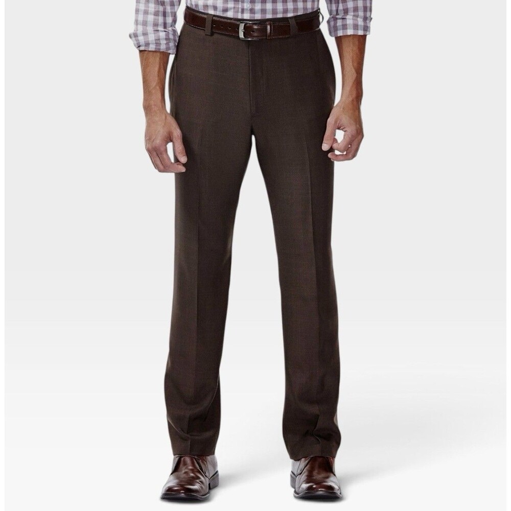 NWT Haggar Mens' Brown Eclo Stria Classic-Fit Flat Front Dress Pants Size 38X32